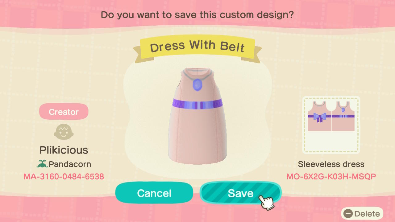 Animal Crossing Design Code: MO-6X2G-KO3H-MSQP Dress With Belt