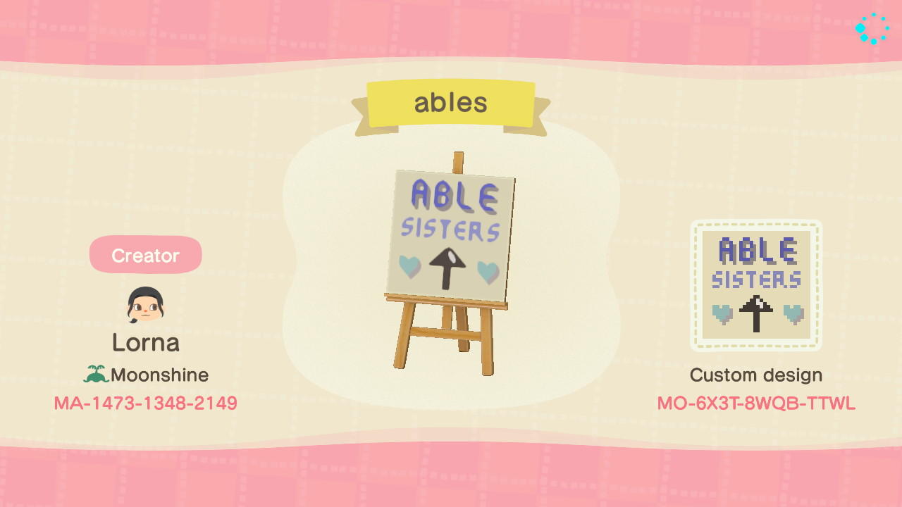 Animal Crossing Design Code: MO-6X3T-8WQB-TTWL ables
