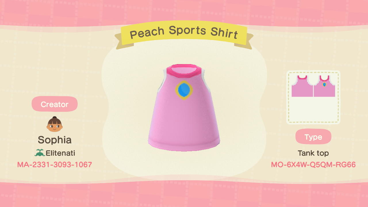 Animal Crossing Design Code: MO-6X4W-Q5QM-RG66 Peach Sports Shirt