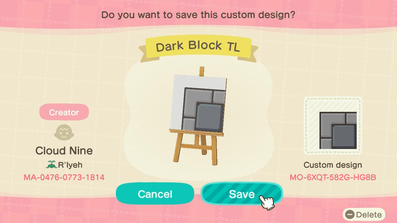 Animal Crossing Design Code: MO-6XQT-582G-HG8B Dark Block TL