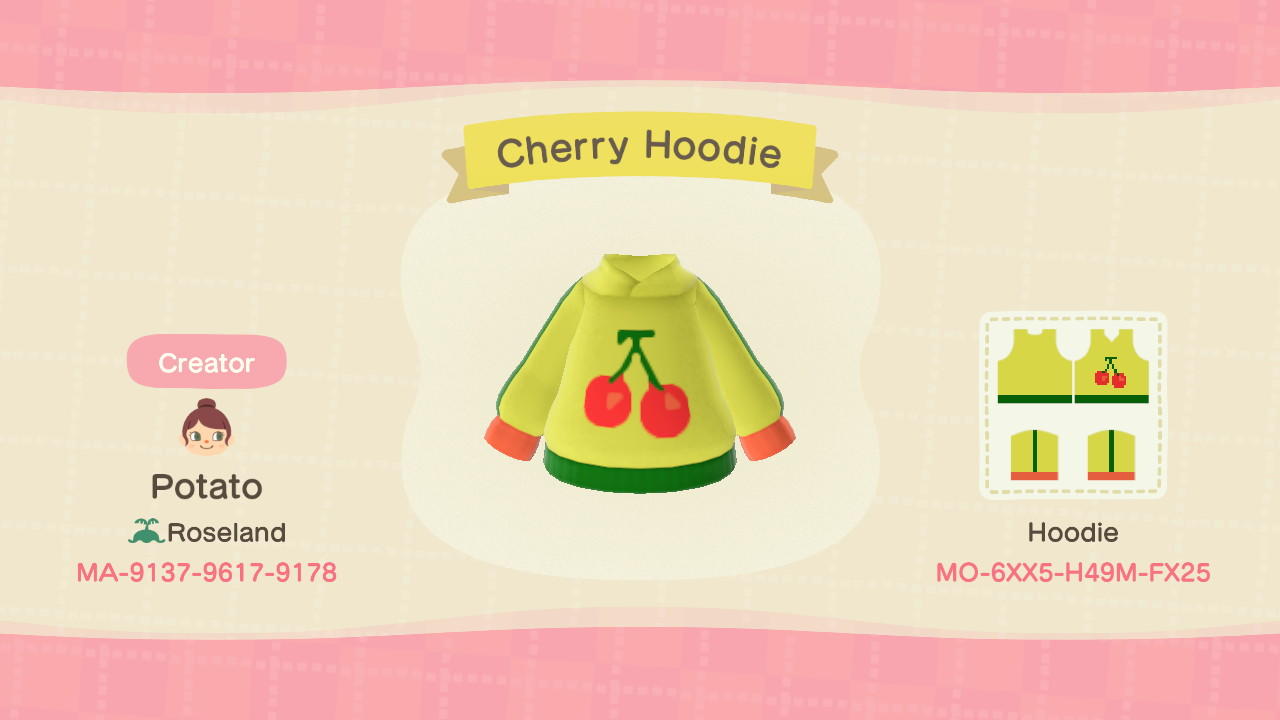 Animal Crossing Design Code: MO-6XX5-H49M-FX25 Cherry Hoodie