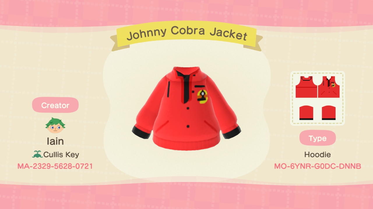 Animal Crossing Design Code: MO-6YNR-G0DC-DNNB Cobra Kai Johnny