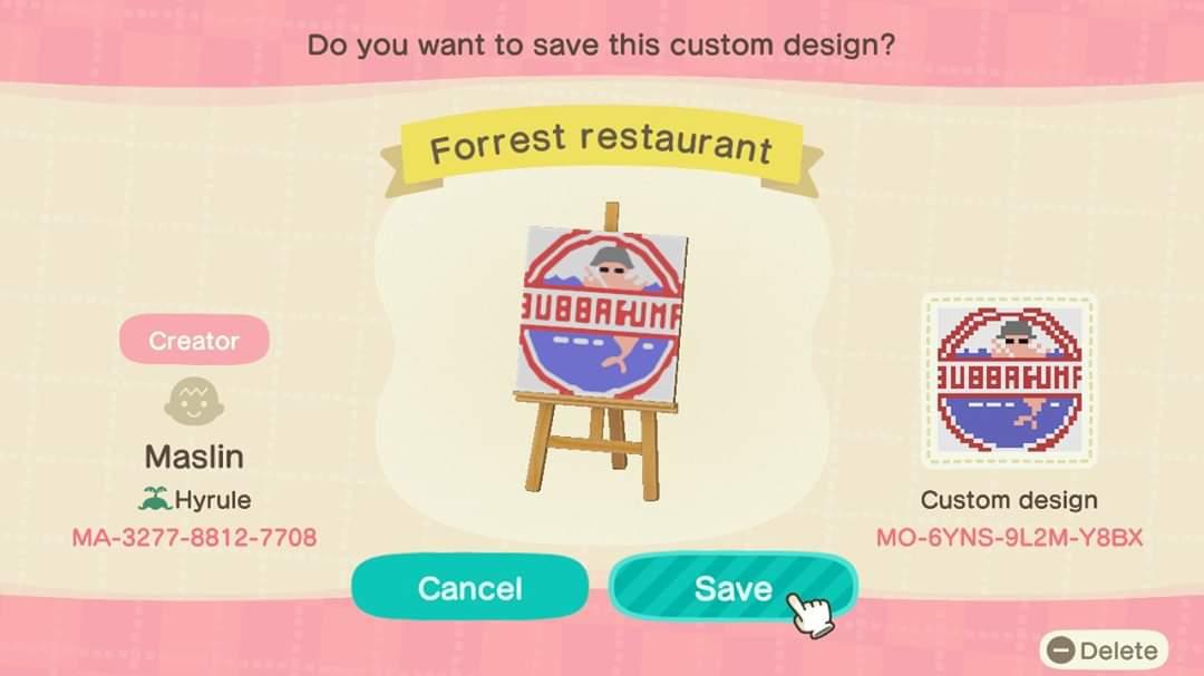 Animal Crossing Design Code: MO-6YNS-9L2M-Y8BX Forrest Gump