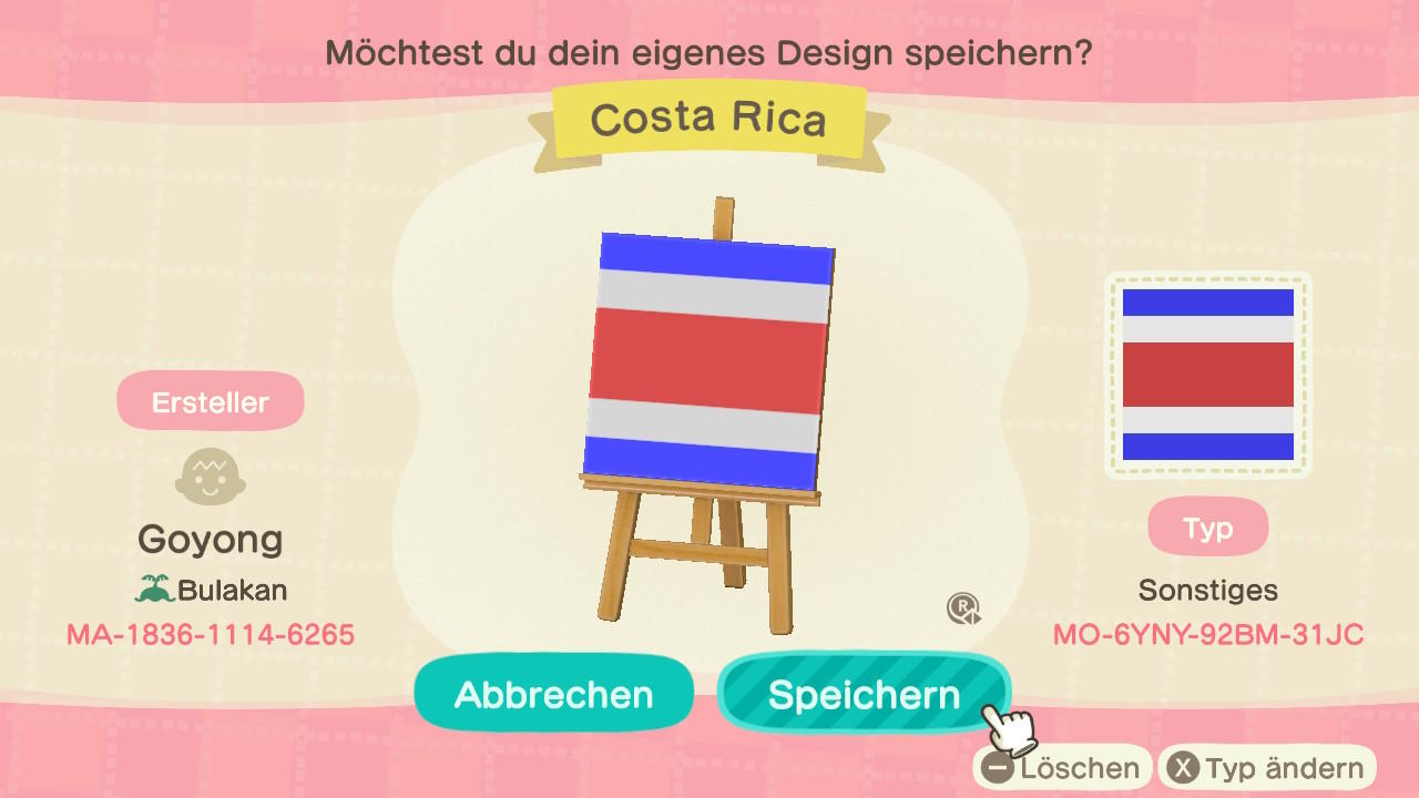 Animal Crossing Design Code: MO-6YNY-92BM-31JC Costa Rica