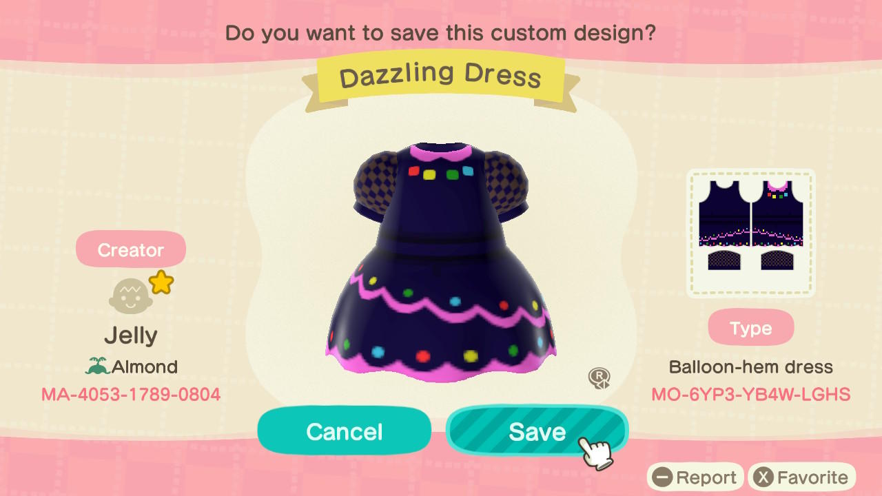 Animal Crossing Design Code: MO-6YP3-YB4W-LGHS Dazzling Dress