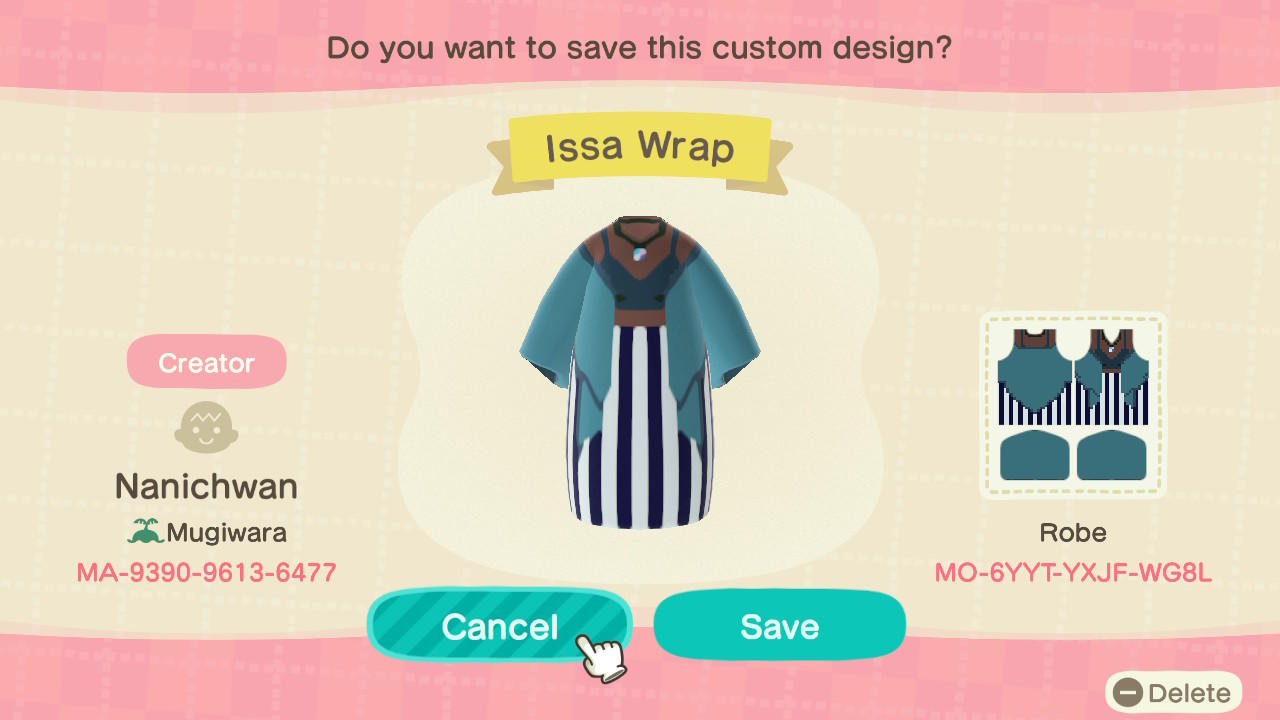 Animal Crossing Design Code: MO-6YYT-YXJF-WG8L Issa Wrap(8skintone)
