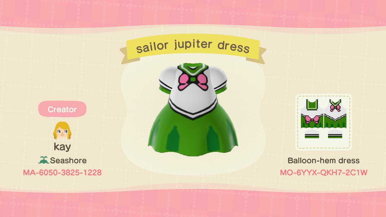 Animal Crossing Design Code: MO-6YYX-QKH7-2C1W Sailor Jupiter Dress