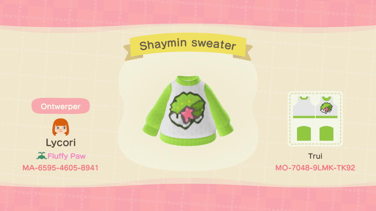 Animal Crossing Design Code: MO-7048-9LMK-TK92 Shaymin sweater