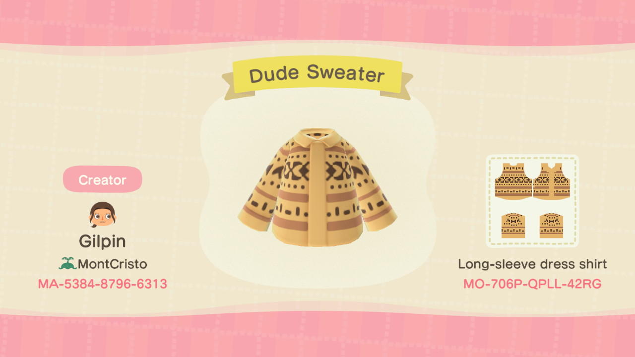 Animal Crossing Design Code: MO-706P-QPLL-42RG Dude Sweater