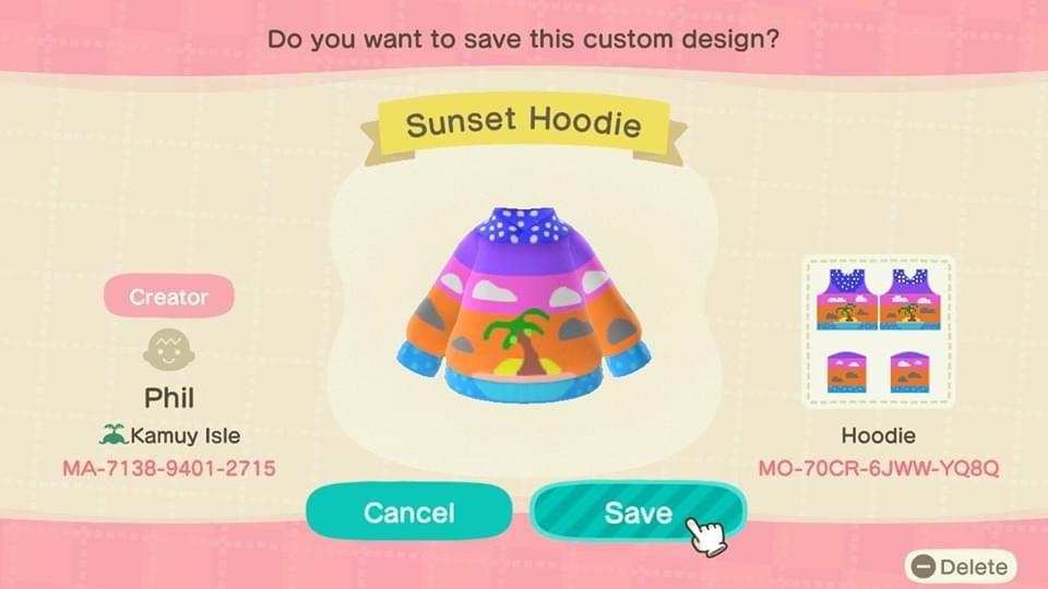 Animal Crossing Design Code: MO-70CR-6JWW-YQ8Q Sunset Hoodie