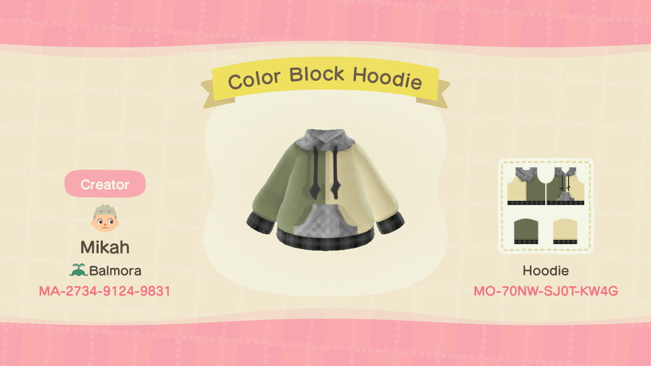 Animal Crossing Design Code: MO-70NW-SJ0T-KW4G Color Block Hoodie