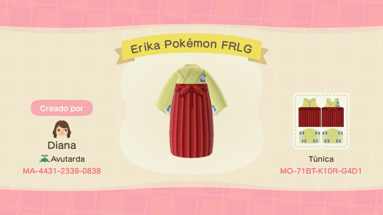 Animal Crossing Design Code: MO-71BT-K10R-G4D1 Erika Pokémon FRLG