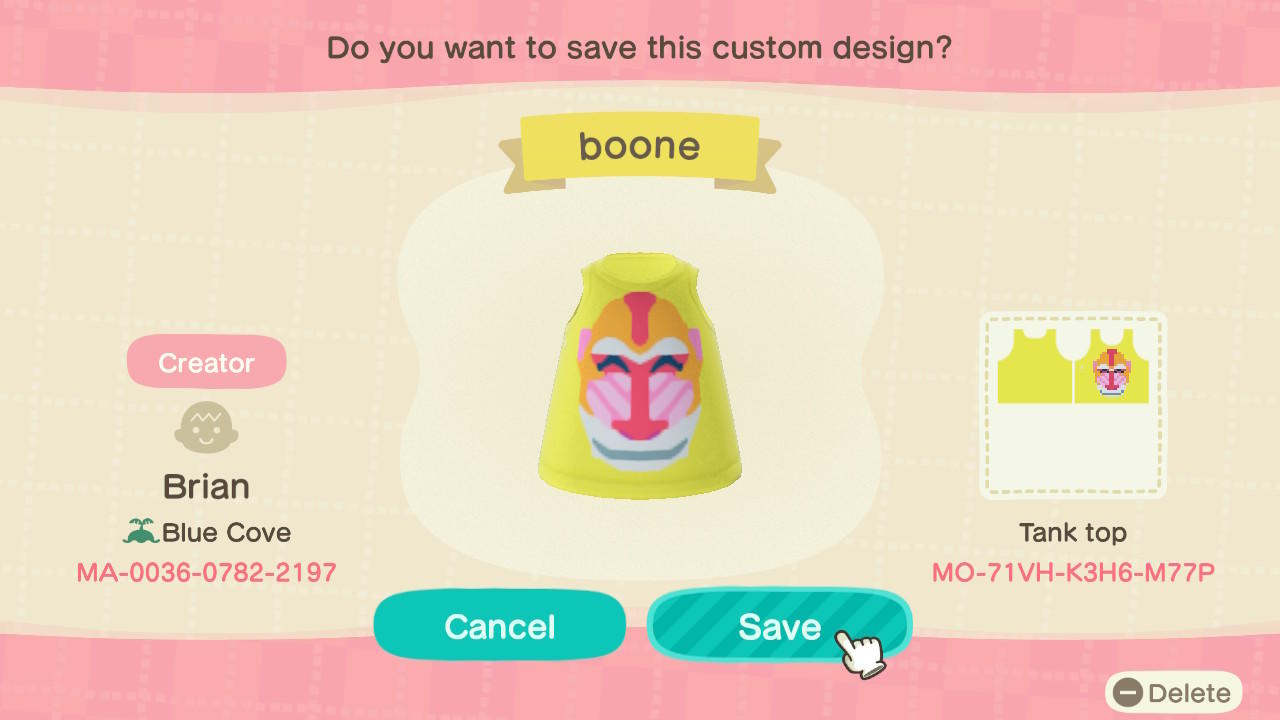 Animal Crossing Design Code: MO-71VH-K3H6-M77P Boone Tank Top
