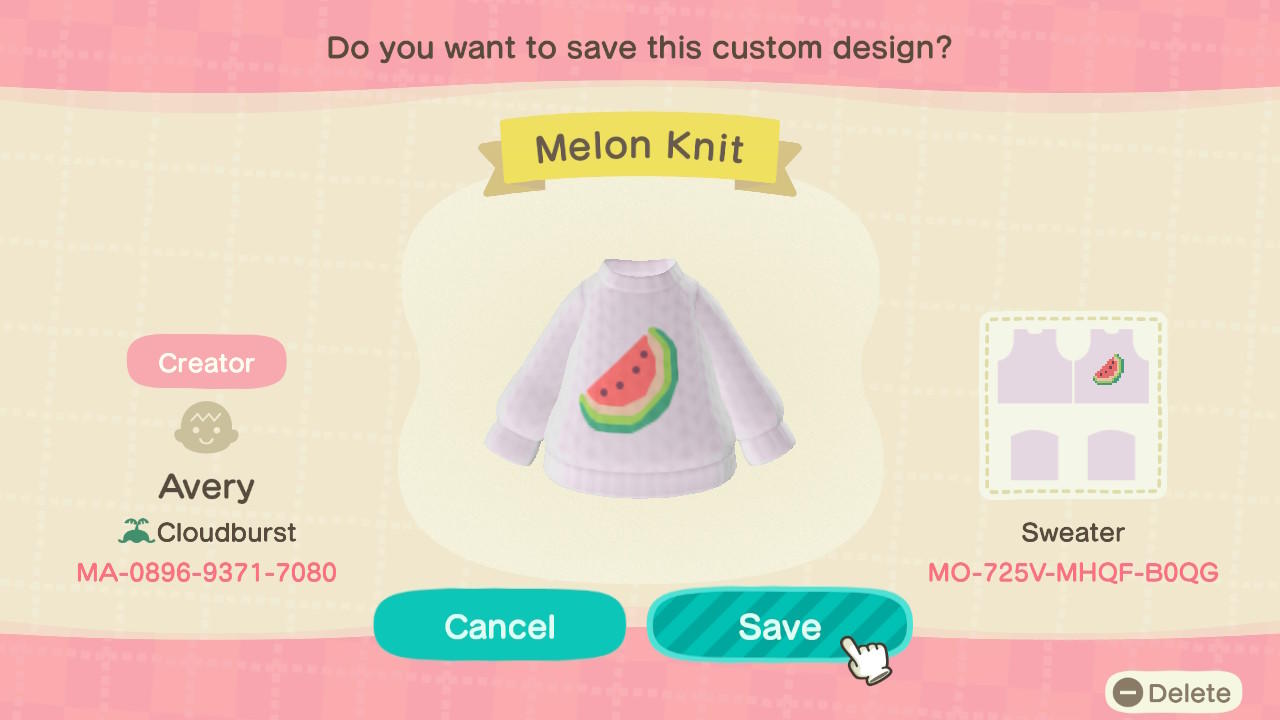 Animal Crossing Design Code: MO-725V-MHQF-B0QG Melon Knit