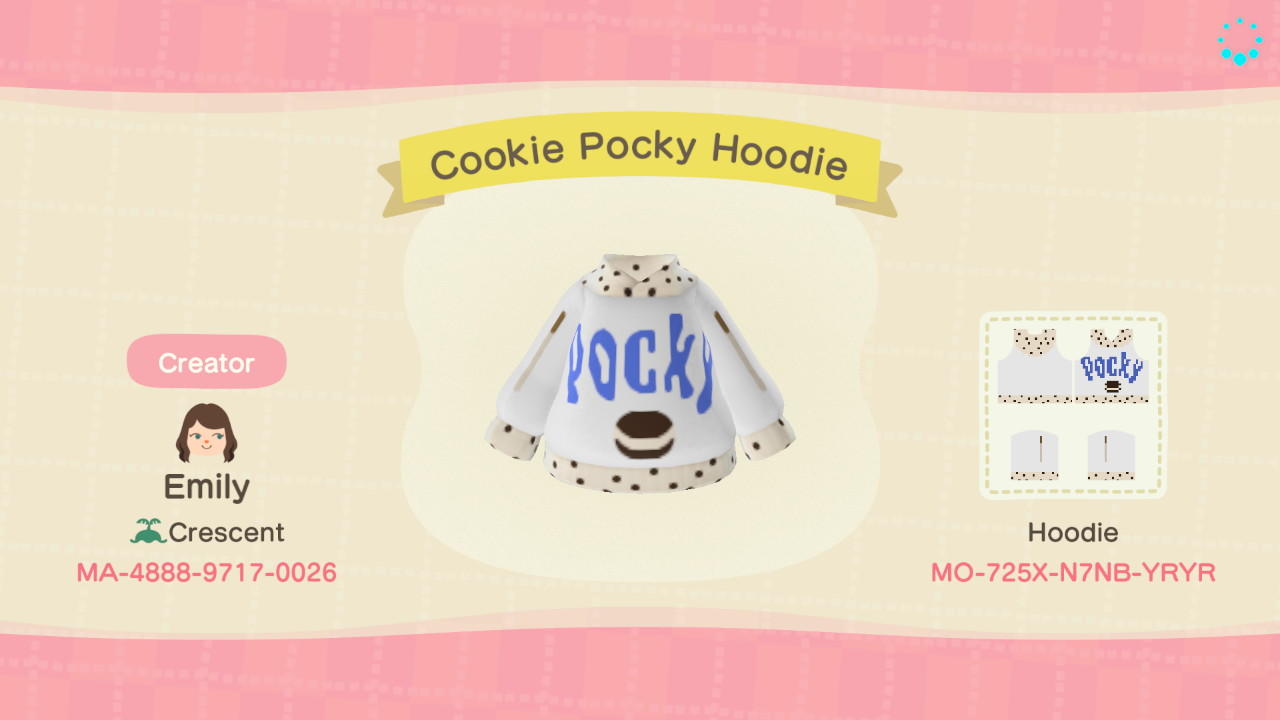 Animal Crossing Design Code: MO-725X-N7NB-YRYR Cookie Pocky Hoodie