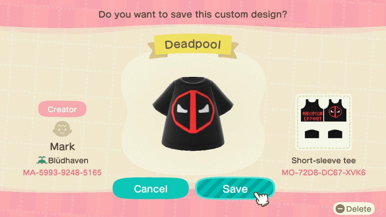 Animal Crossing Design Code: MO-72D8-DC67-XVK6 Deadpool