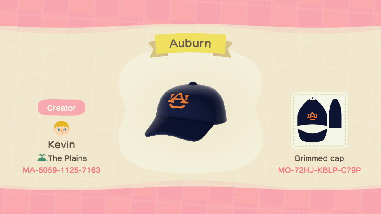 Animal Crossing Design Code: MO-72HJ-KBLP-C79P Auburn Baseball Cap