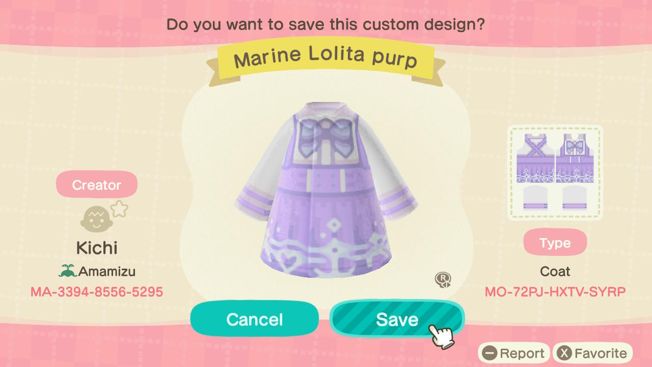 Animal Crossing Design Code: MO-72PJ-HXTV-SYRP Marine Lolita Purple