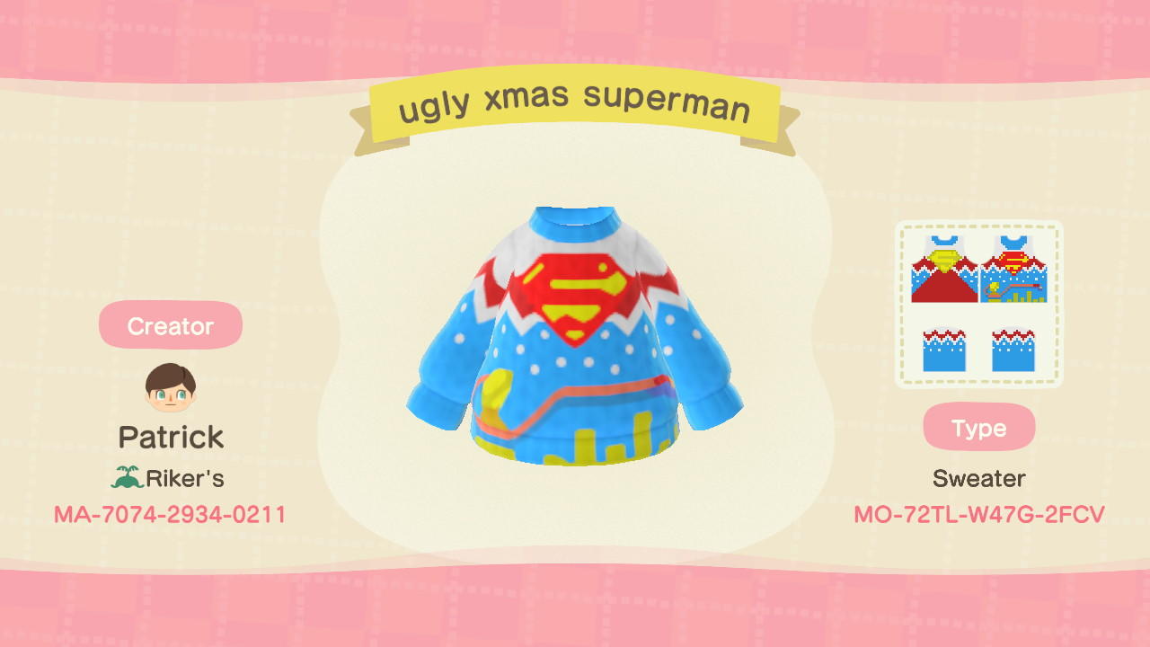 Animal Crossing Design Code: MO-72TL-W47G-2FCV ugly xmas superman