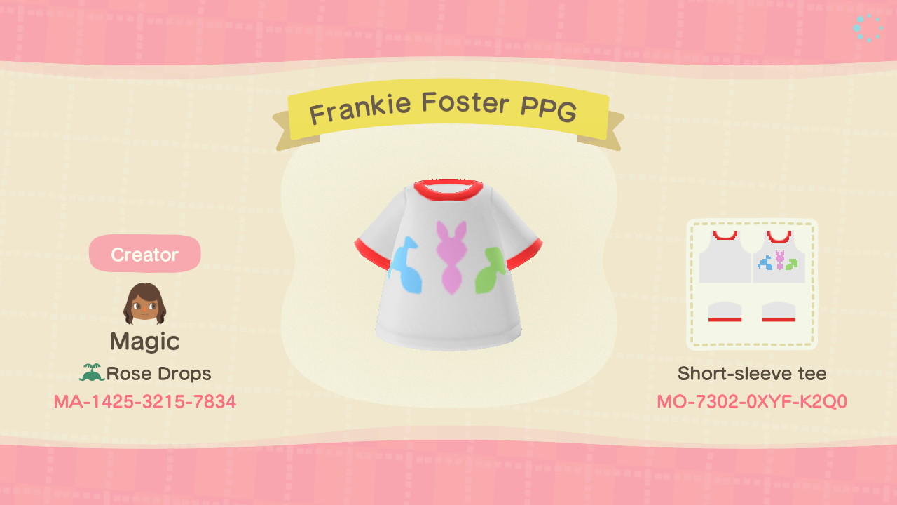 Animal Crossing Design Code: MO-7302-0XYF-K2Q0 Frankie Foster PPG