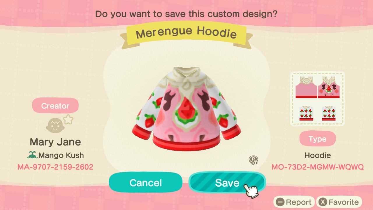 Animal Crossing Design Code: MO-73D2-MGMW-WQWQ Merengue Hoodie