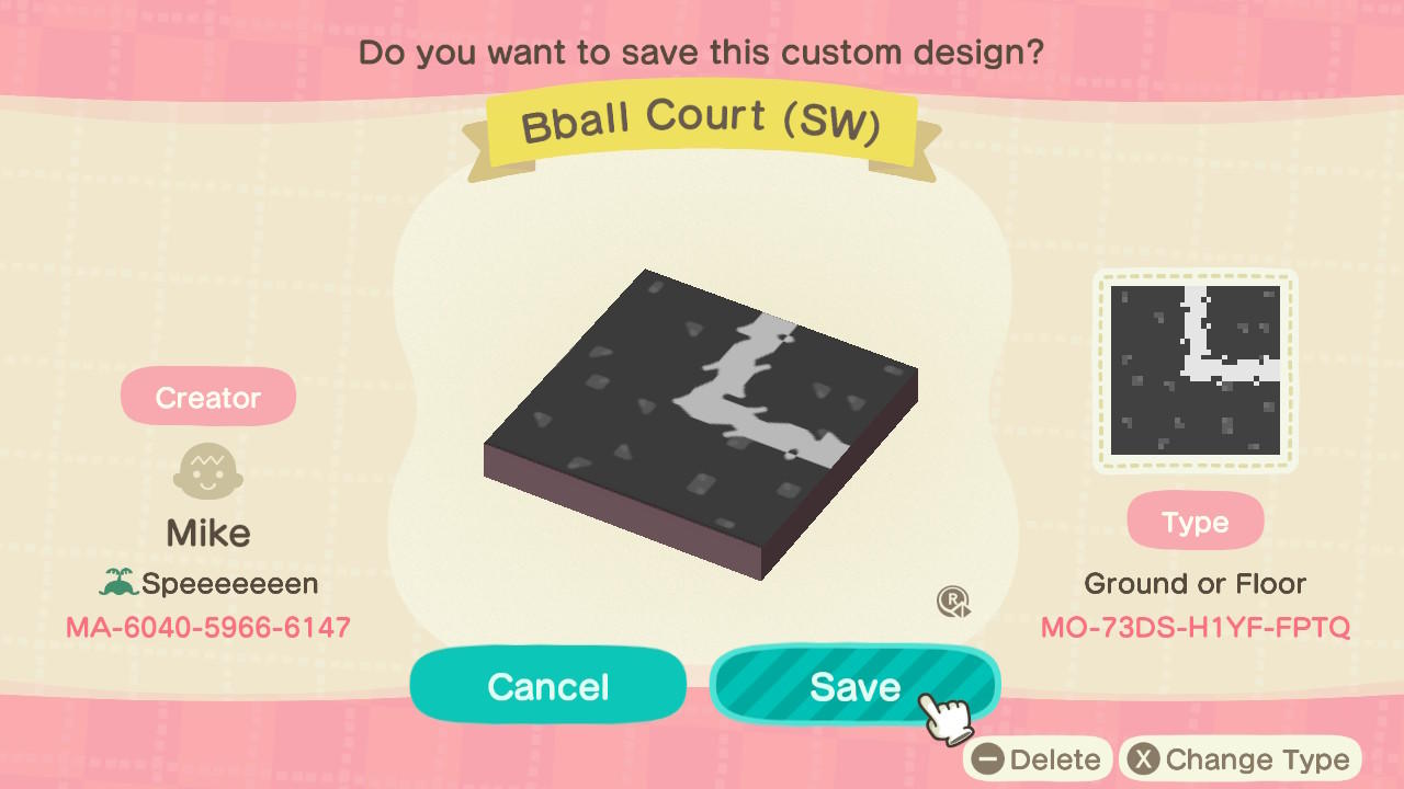 Animal Crossing Design Code: MO-73DS-H1YF-FPTQ Bball Court (SW)