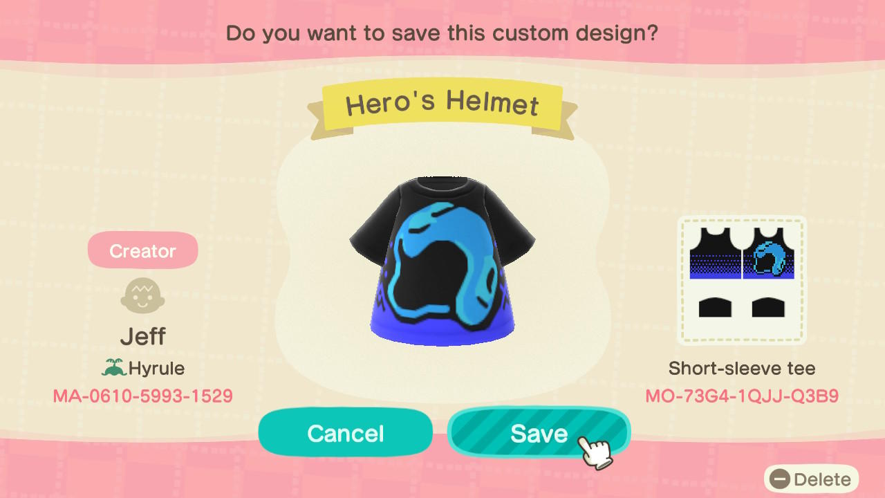 Animal Crossing Design Code: MO-73G4-1QJJ-Q3B9 Hero's Helmet