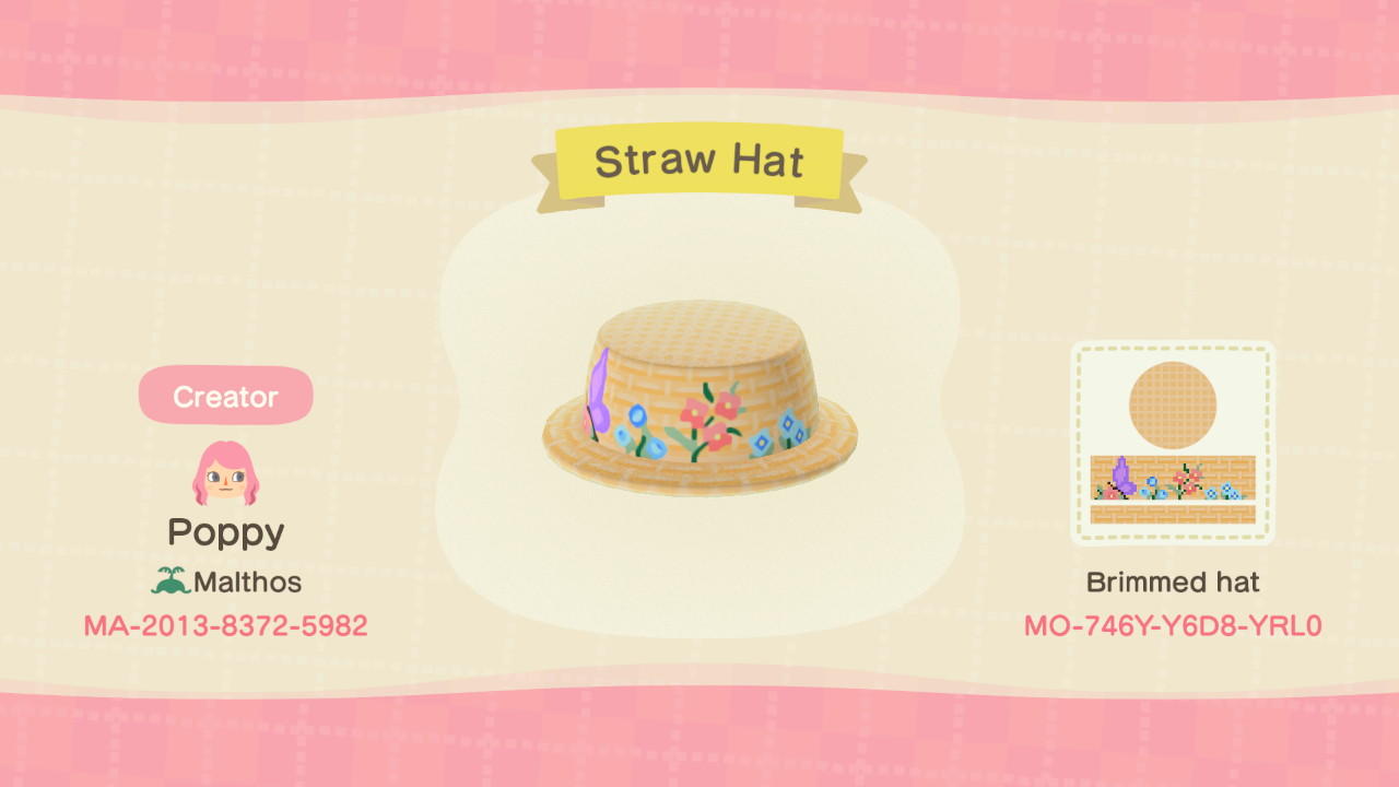 Animal Crossing Design Code: MO-746Y-Y6D8-YRL0 Straw Hat