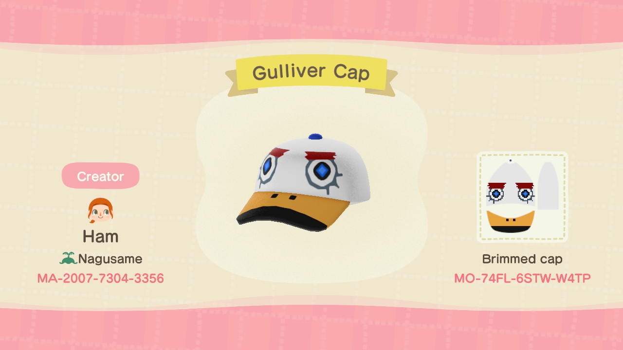 Animal Crossing Design Code: MO-74FL-6STW-W4TP Gulliver Cap