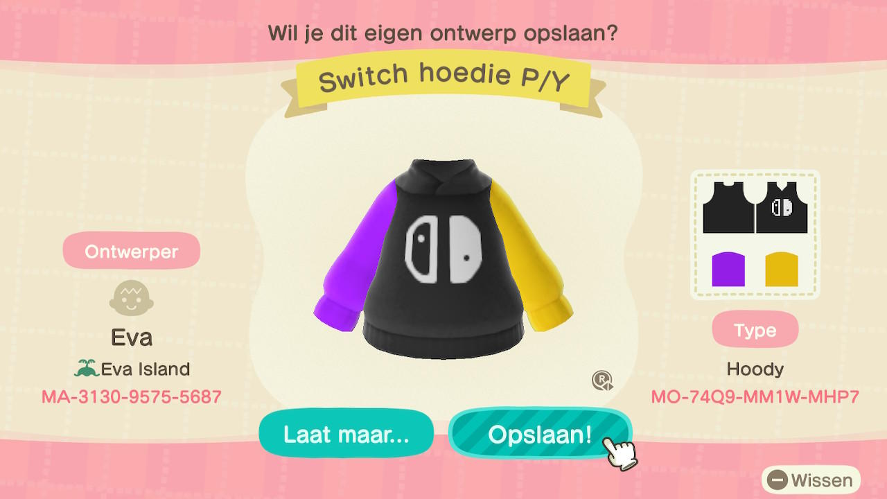 Animal Crossing Design Code: MO-74Q9-MM1W-MHP7 Switch hoedie P/Y