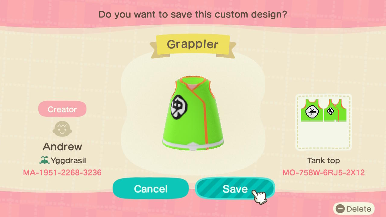 Animal Crossing Design Code: MO-758W-6RJ5-2X12 Grappler