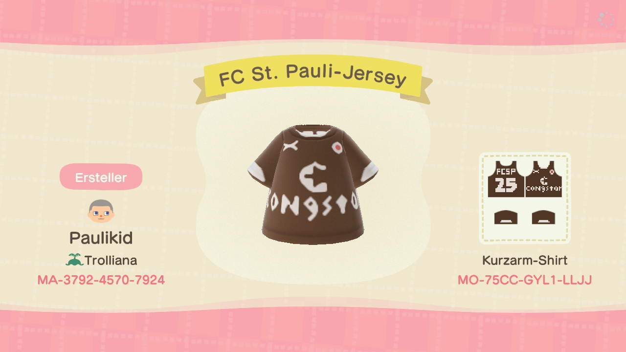 Animal Crossing Design Code: MO-75CC-GYL1-LLJJ FC St. Pauli Jersey