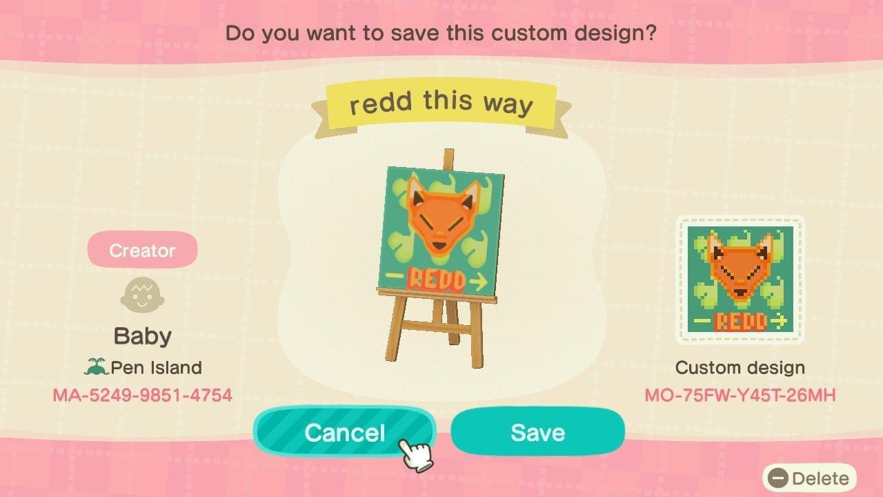 Animal Crossing Design Code: MO-75FW-Y45T-26MH redd beach sign