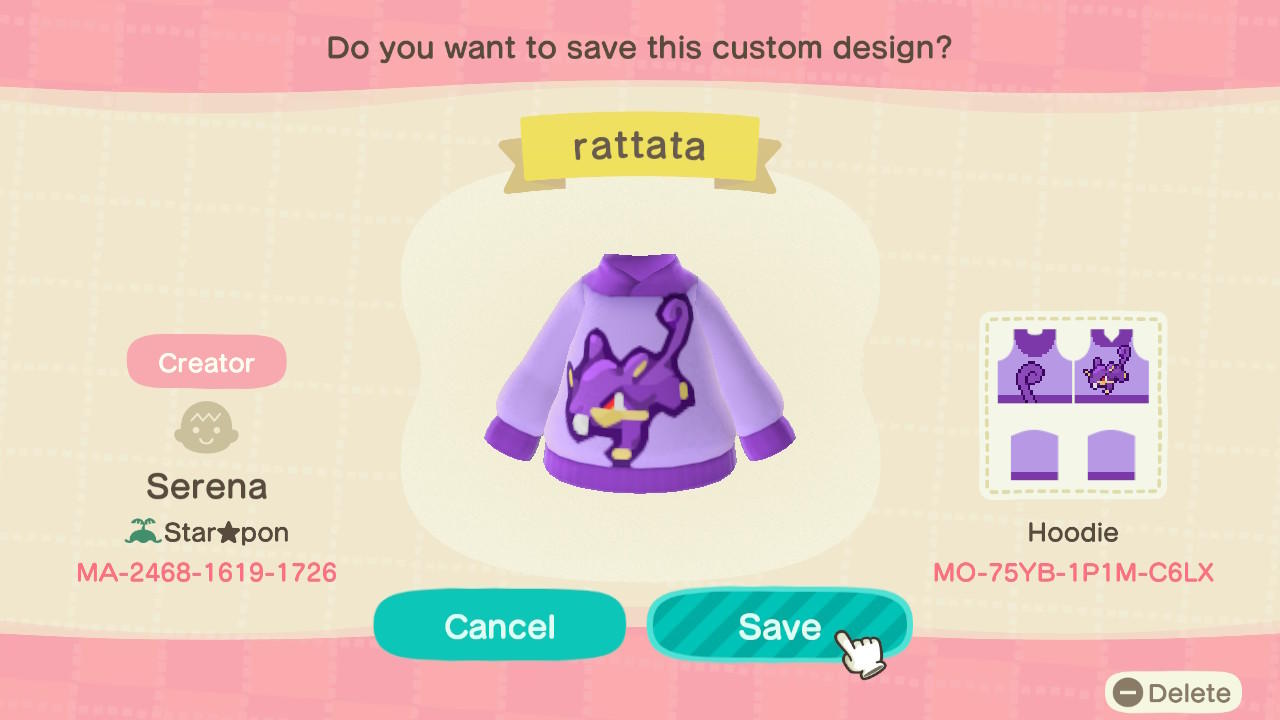 Animal Crossing Design Code: MO-75YB-1P1M-C6LX rattata