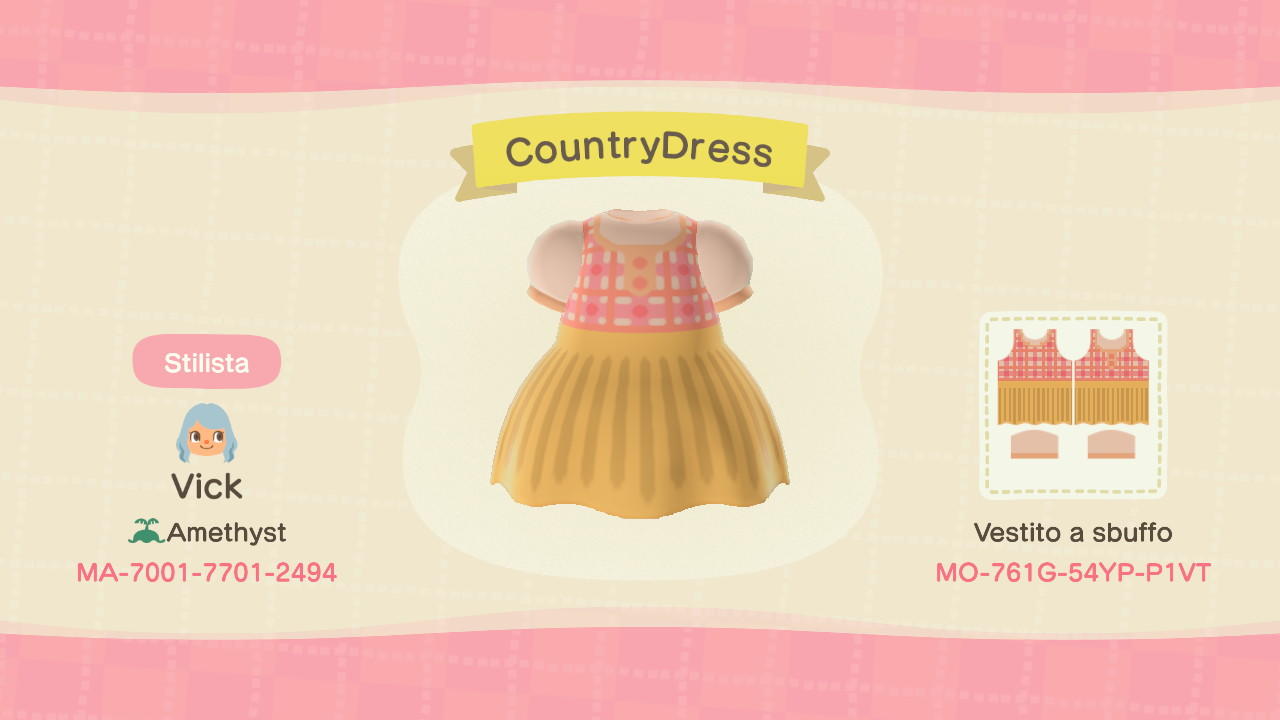 Animal Crossing Design Code: MO-761G-54YP-P1VT Country Dress