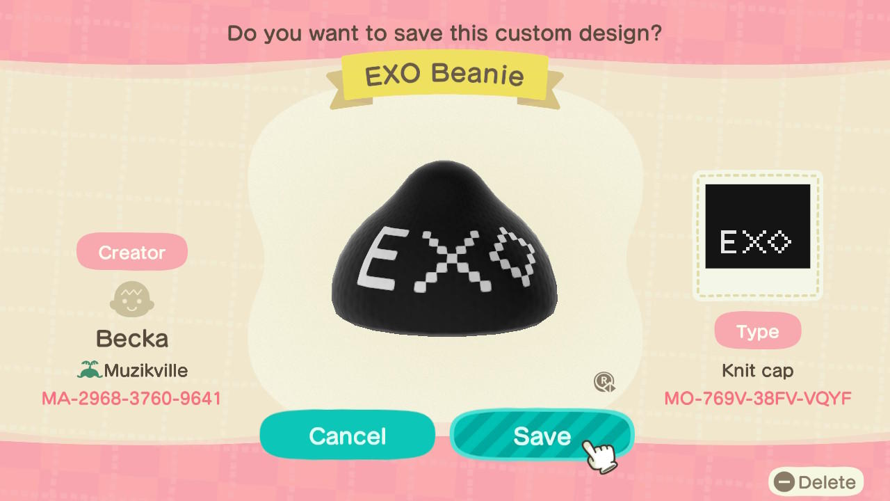 Animal Crossing Design Code: MO-769V-38FV-VQYF EXO Beanie