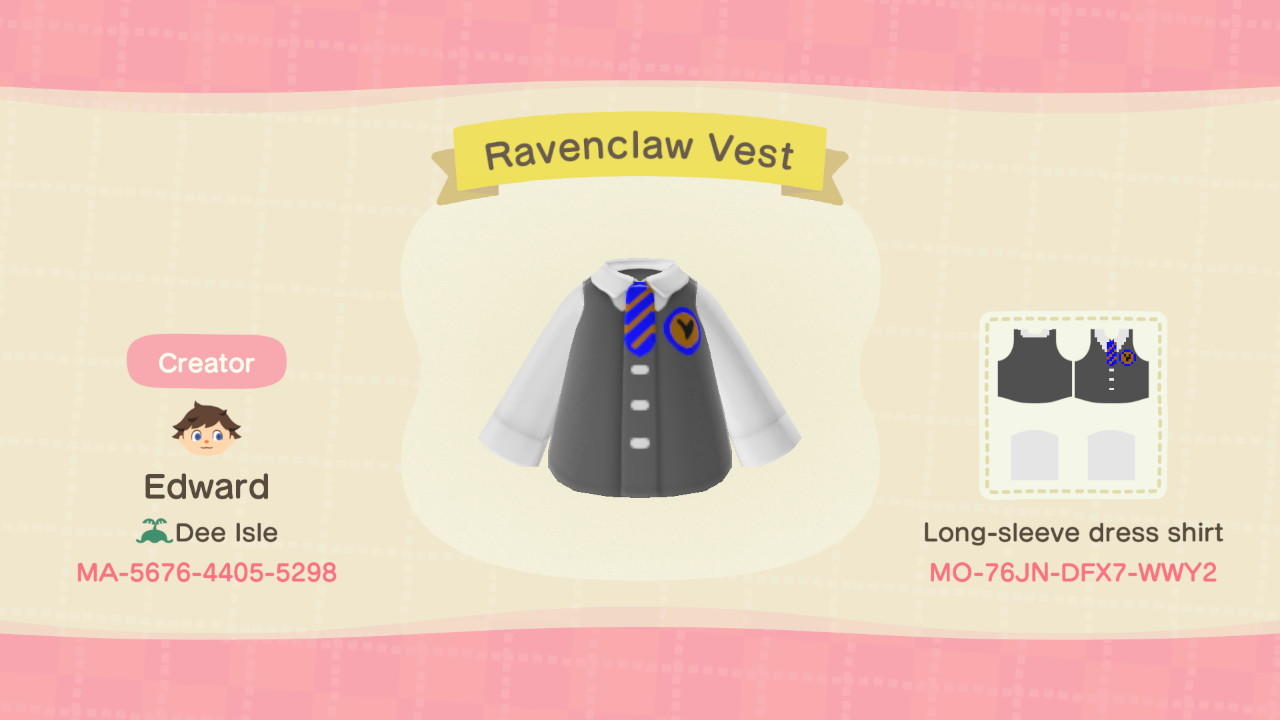 Animal Crossing Design Code: MO-76JN-DFX7-WWY2 Ravenclaw Vest