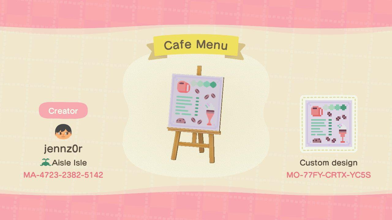 Animal Crossing Design Code: MO-77FY-CRTX-YC5S Coffee Cafe Menu