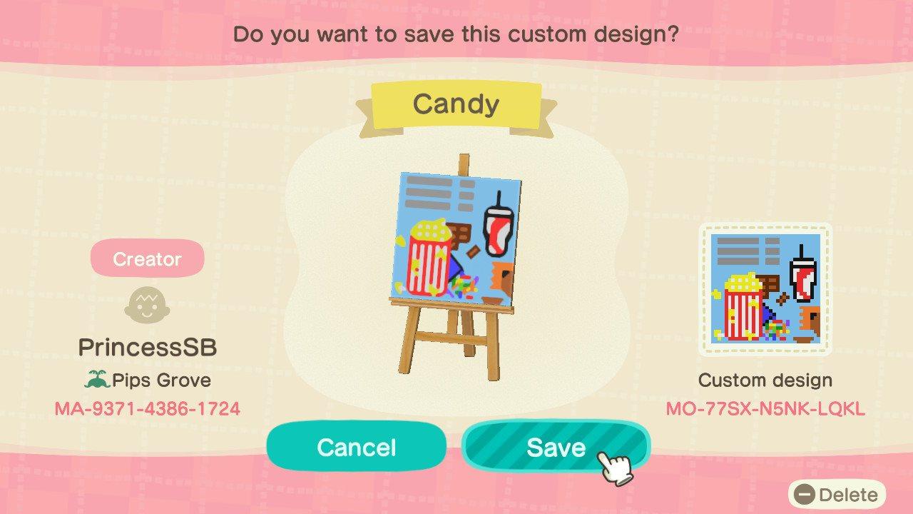Animal Crossing Design Code: MO-77SX-N5NK-LQKL Movie Snacks Menu