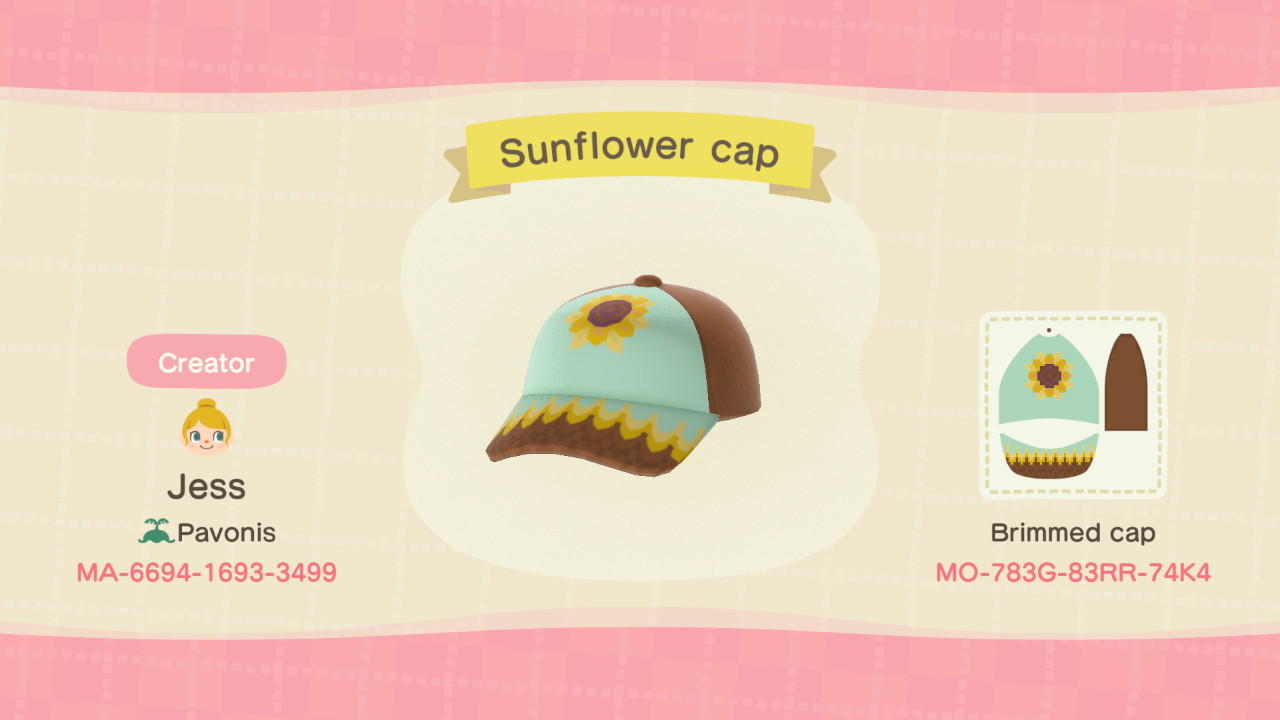 Animal Crossing Design Code: MO-783G-83RR-74K4 Sunflower cap
