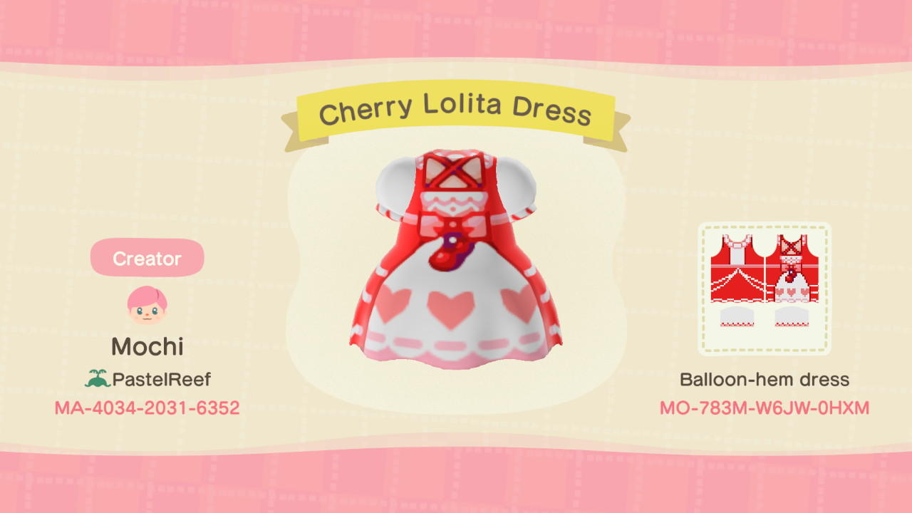 Animal Crossing Design Code: MO-783M-W6JW-0HXM Cherry Lolita Dress