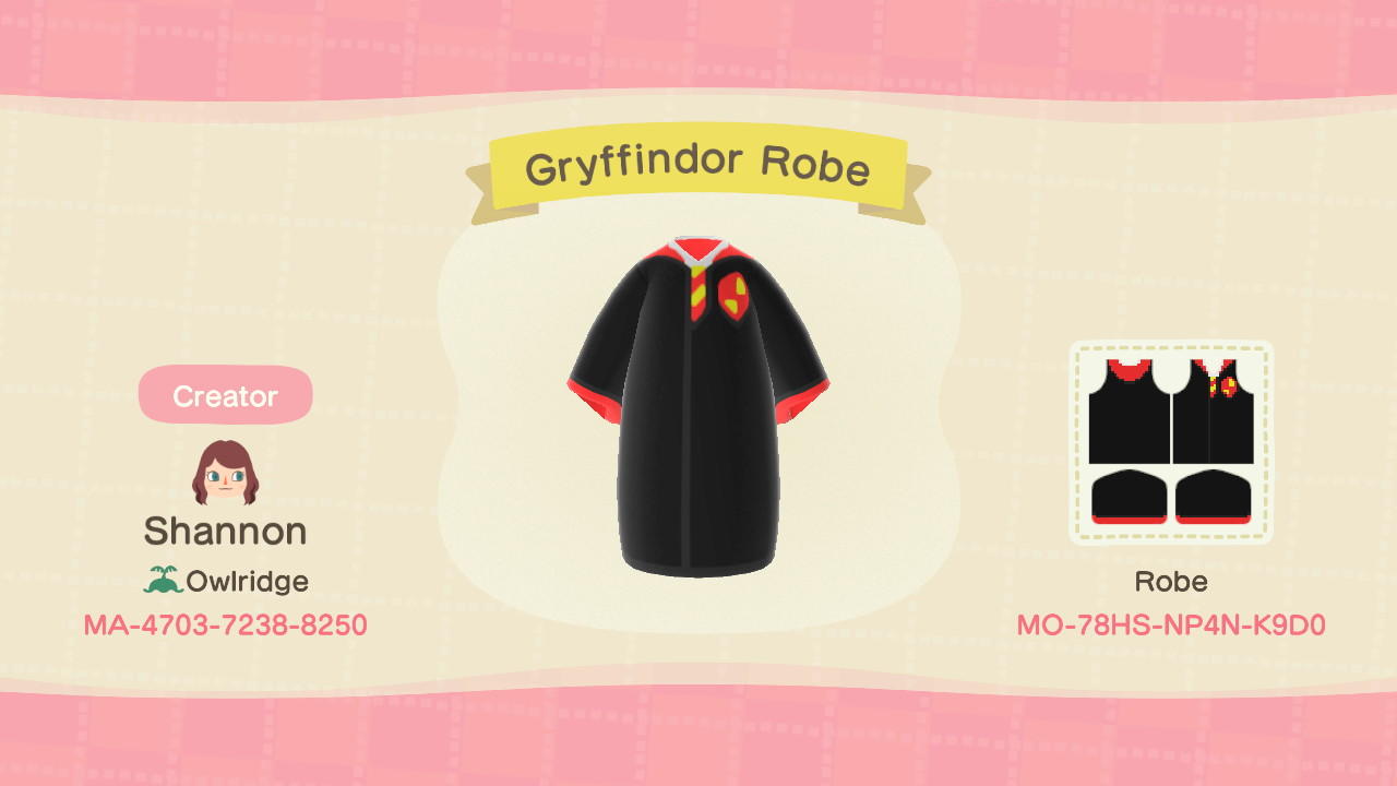 Animal Crossing Design Code: MO-78HS-NP4N-K9D0 Gryffindor Robe