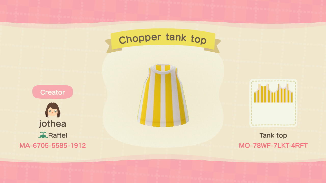 Animal Crossing Design Code: MO-78WF-7LKT-4RFT Chopper tank top