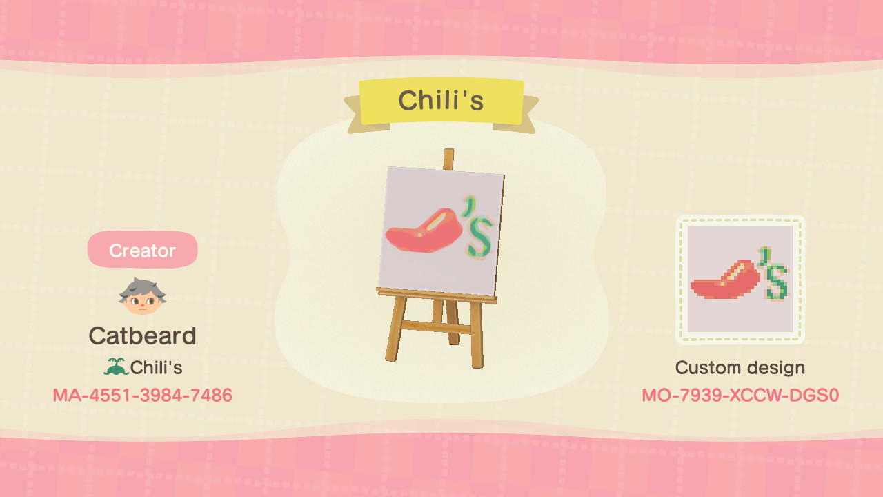 Animal Crossing Design Code: MO-7939-XCCW-DGS0 Chili’s