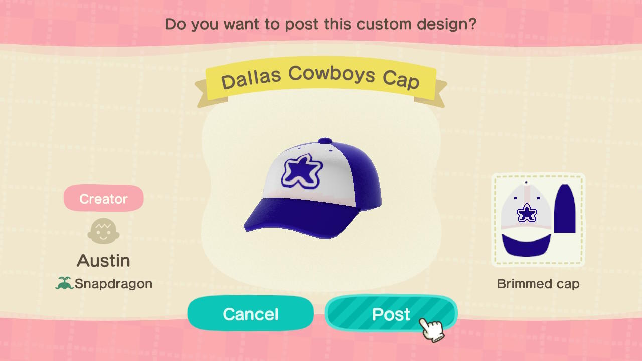 Animal Crossing Design Code: MO-798R-4BY3-RWKV Dallas Cowboys Cap
