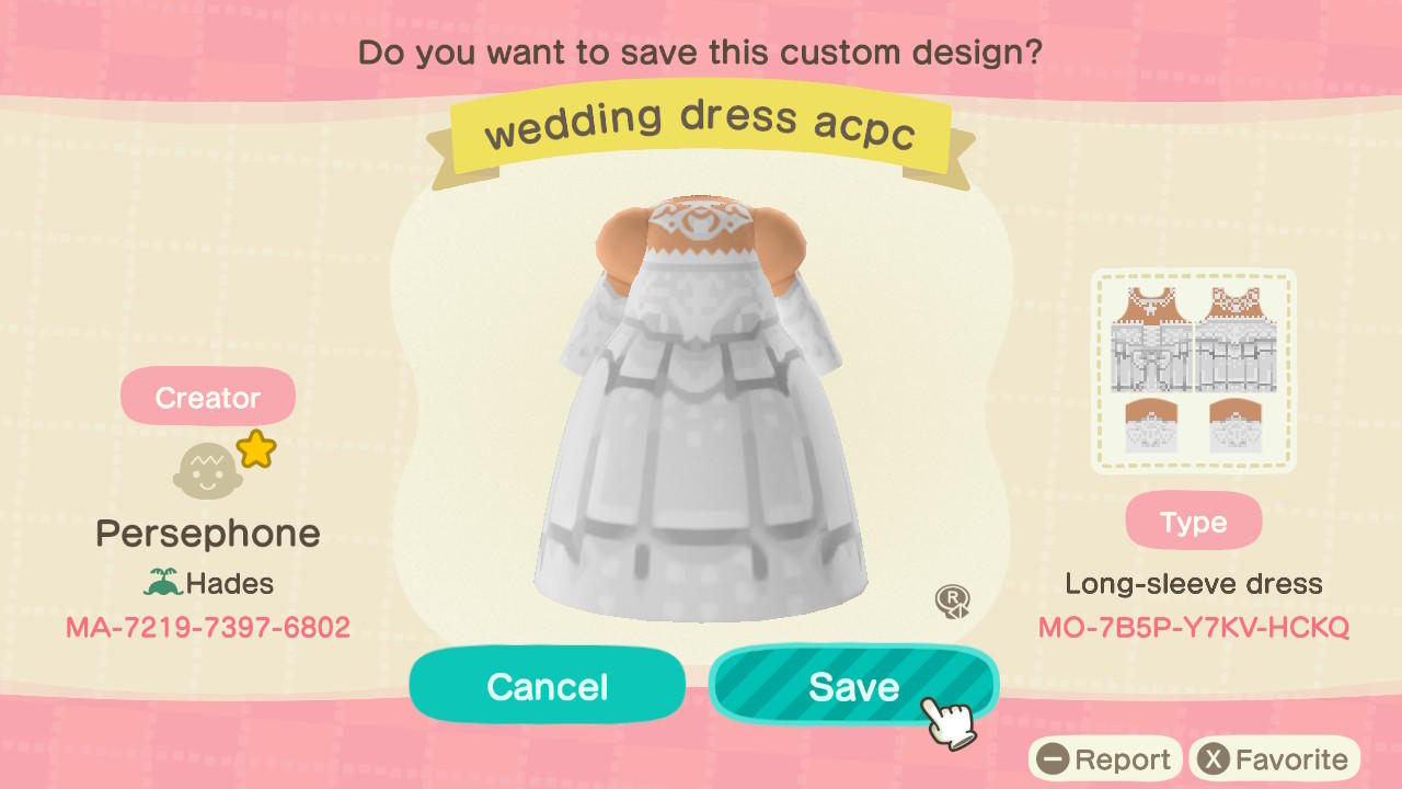 Animal Crossing Design Code: MO-7B5P-Y7KV-HCKQ White Wedding Dress