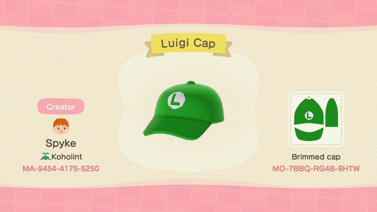 Animal Crossing Design Code: MO-7BBQ-RG4B-9HTW Luigi&#39;s Cap