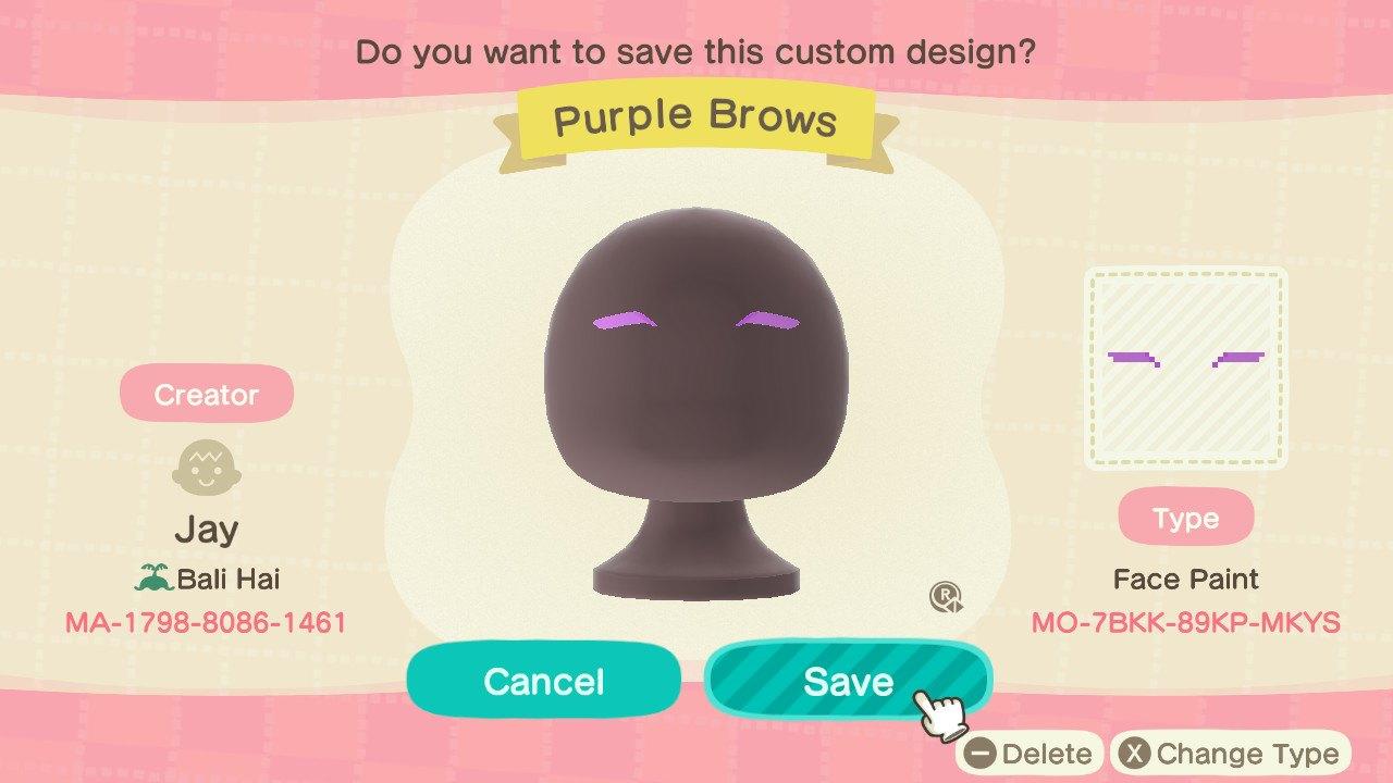 Animal Crossing Design Code: MO-7BKK-89KP-MKYS Purple Brows