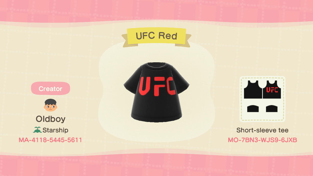 Animal Crossing Design Code: MO-7BN3-WJS9-6JXB UFC Red letter shirt