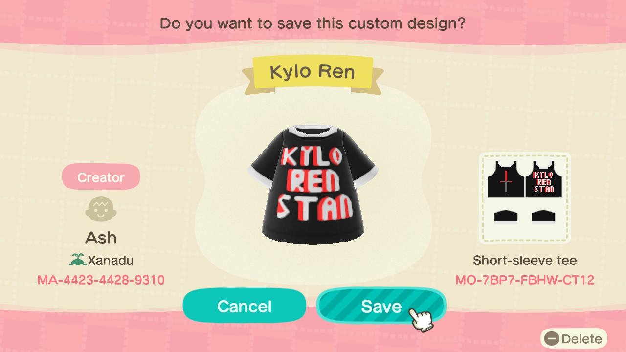 Animal Crossing Design Code: MO-7BP7-FBHW-CT12 Kylo Ren